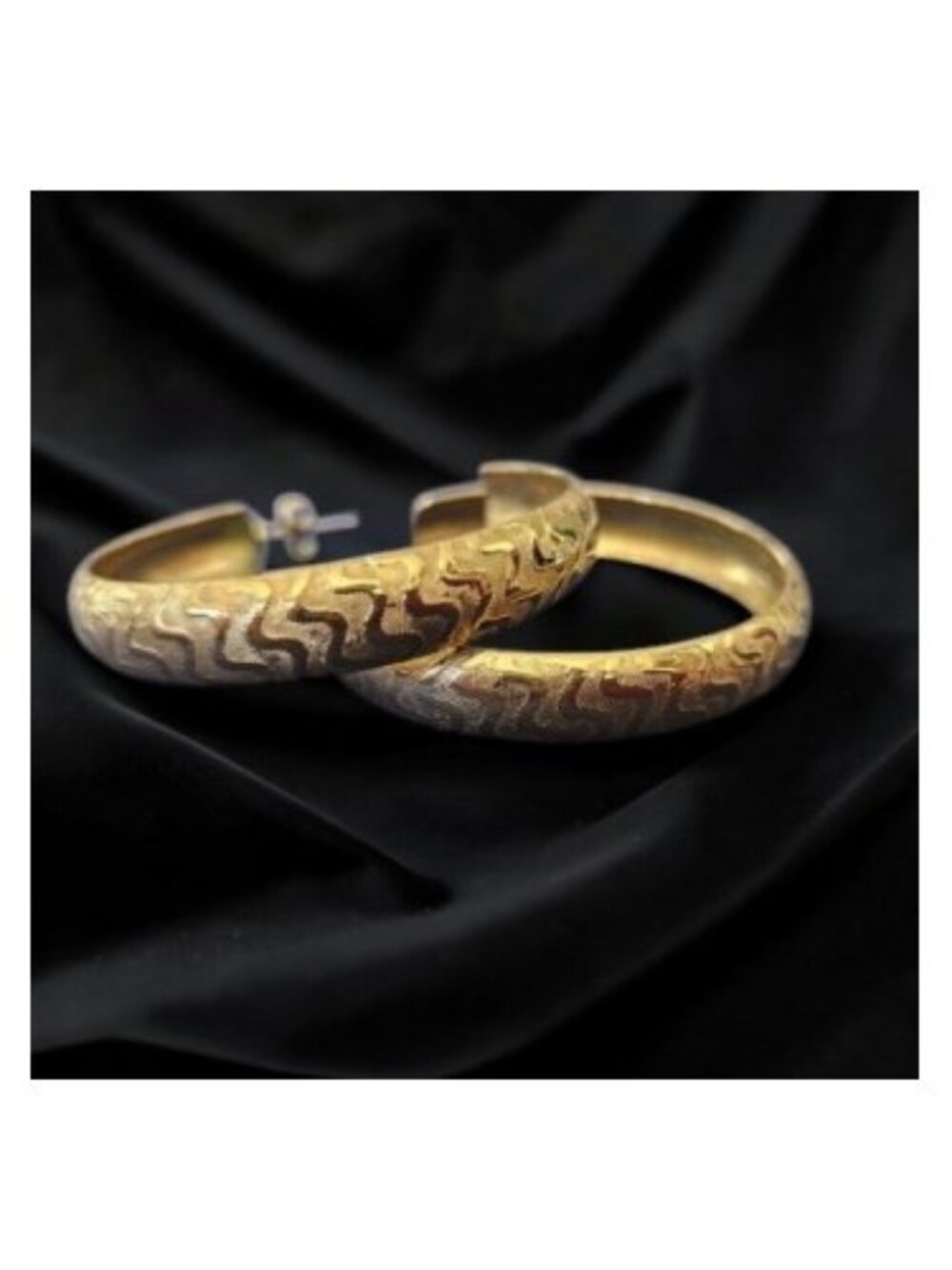 Vintage Etched Textured Goldtone Stud 5cm Hoop Earrings
